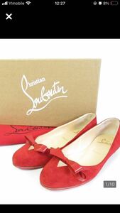 美品 Christian Louboutin クリスチャンルブタン VINODO FLAT スエード パテントリボン フラットシューズ 35 1/2 約22.5cm レッド 赤