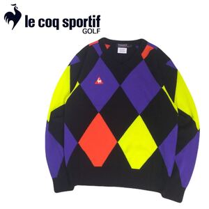 極美品 フワフワ lecoq sportif golf 蓄熱保温 軽量 アーガイル ウール混 ニット セーター メンズL ルコック ゴルフウェア デサント2501120