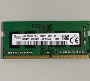 【中古】SK hynix 4GB 1枚 DDR4-2666 HMA851S6CJR6N-VK / ノートPC用メモリ PC4-21300 1Rx16