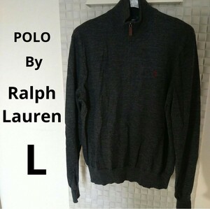 美品　POLO RALPH LAUREN ラルフローレン ニット　Lサイズ　 メリノウール　ハーフジップ セーター グレー 長袖 ポロ　刺繍ロゴ　薄手