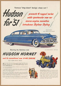 ハドソン ホーネット レトロミニポスター B5サイズ 複製広告 ◆ アメ車 イラスト Hudson Hornet USAD5-313