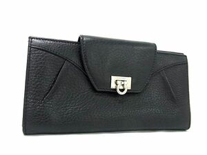 1円 ■美品■ Salvatore Ferragamo フェラガモ JL-22 6773 ガンチーニ レザー 二つ折り 長財布 ウォレット 札入れ ブラック系 FC6269