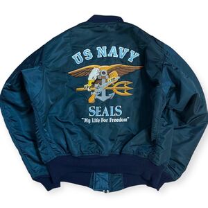 稀少 ALPHA INDUSTRIES 90s USA製 ヴィンテージ US.NAVY バックロゴ MA-1 フライトジャケット グランドクルー Lサイズ ネイビー