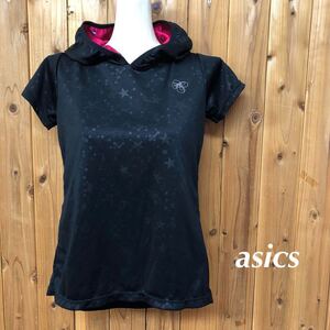 asics＊アシックス レディースS 半袖パーカー プルオーバー トップス 星柄 ブラック 反射ロゴ 速乾 トレーニング スポーツウェア