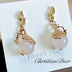 希少＊極美品 Christian Dior クリスチャン・ディオール ロゴ ローズクォーツ ピアス ゴールド色