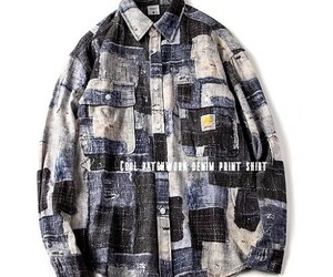 ★最新柄！高級 デニム パッチワーク プリント 総柄 シャツ メンズ サイズM～3XL レトロ ヴィンテージ オーバーサイズ 大きいサイズ★420