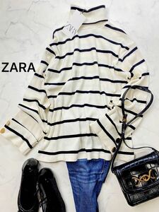 ZARA ザラ★タグ付き未使用★大人可愛い★ゆったり ゴールド釦 ボーダー タートル ニット トップス★モノトーン Sサイズ 1045