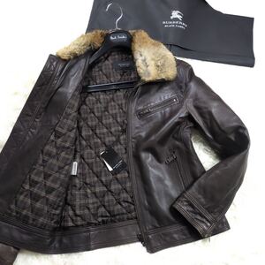 極上羊革2wayBURBERRY BLACKLABEL2way極暖ラビットファー付ラムレザージャケットL~Mライダース茶ブラウンブラレバーバリーブラックレーベル