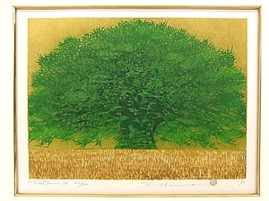 h1202 真作保証　リトグラフ　24/300 並木一　「Tree Scenes 76」　額縁