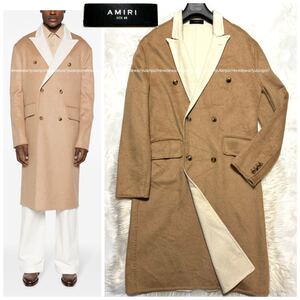 本物 最高級 美品 アミリ AMIRI カシミア ウール ダブルブレスト バイカラー ロング ジャケット コート 48 ベージュ 白 AMIRI