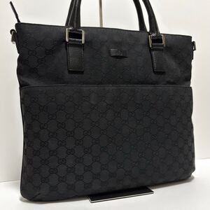 【0988】GUCCI グッチ GGキャンバス×レザー GG柄ビジネスバッグ ブリーフケース ハンドバッグ A4収納 ブラック 黒 メンズ レディース