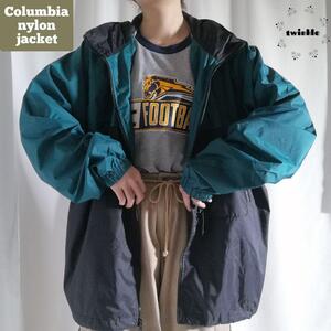 00s Columbia コロンビア ナイロン ジャケット アウトドア マウンテンジャケット 刺繍ロゴ パッカブル メンズ XL 青緑×黒 ツートン 2417