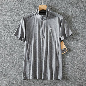 Y2069-L グレー/EU製 新品 メンズ Tシャツ ハーフジップ半袖 レーヨン 伸縮性 運動薄手 抗菌 吸水速乾 通気 涼感 カジュアル オシャレ