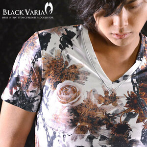 9#bv01-br BLACK VARIA 薔薇 バラ 花 チェーン柄 プレミアム Vネック 半袖Tシャツ メンズ(ブラウン茶) LL 日本製 吸水速乾＆2wayストレッチ