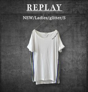 【新品・タグ付】REPLAY リプレイ／ラメサイドライン・ネックロゴ Tシャツ