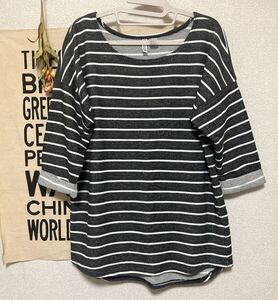 ☆H&M basic ボーダーカットソー ロールアップ七分袖 グレー×ホワイト M