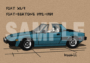 フィアット エックスワンナイン FIAT X1/9 オリジナル手描風イラスト（旧車、BERTONE、ベルトーネ、ミッドシップ、MR）X1/9-A08BL