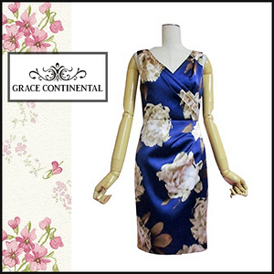 【グレースコンチネンタル】サテンフラワープリントワンピース☆ブルー系　花柄　GRACE CONTINENTAL　セレモニー　結婚式　パーティー　