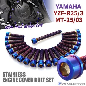 YZF-R25/3 MT-25/03 エンジンカバー クランクケース ボルト 21本セット ステンレス製 スリムヘッド ヤマハ車用 焼きチタンカラー TB7043