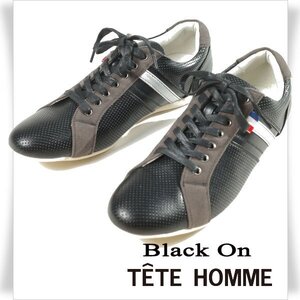 新品1円～★定価1.4万 Black On TETE HOMME テットオム パンチングレザー ローカット カジュアルスニーカーシューズ 25.5cm 黒 ◆3883◆