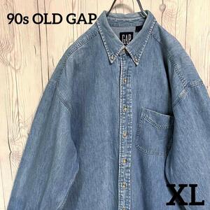 90s OLD　GAP　オールギャップ　デニム　長袖ボタンダウンシャツ　メンズXLサイズ　 濃青　ブルー　90年代古着　BD　