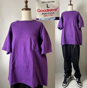 ★美品【激安1点のみ！希少 定番 USA製】ビンテージ GOODWEAR グッドウェアー ポケット付き 無地 ポケット Tシャツ L パープル 半袖 USED品