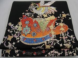 平和屋着物■最高級　龍村平蔵製　千代乃冠錦　本袋帯　黒地　金糸　逸品3s1047