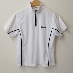 ★【古着】ellesse(エレッセ)　カットソー　半袖　ハーフジップ　一部メッシュ素材　白(ホワイト)　黒(ブラック)ライン　Mサイズ