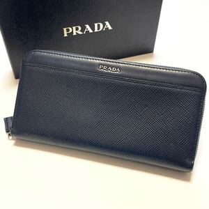 ★PRADA プラダ ラウンドファスナー ジップ 長財布 レザー ネイビー メンズ 男性【鑑定済み 本物保証 】