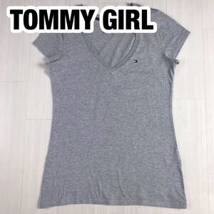 TOMMY GIRL トミーガール 半袖Tシャツ プリントTシャツ S ライトグレー 霜降り ビッグロゴ 刺繍ロゴ Vネック