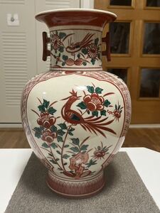 九谷焼 九谷文翠 双耳手描鳳凰花鳥牡丹 花器 大花瓶 希少品　時代物 唐物