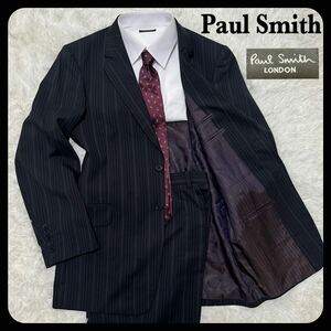 1円〜 Paul Smith LONDON ポールスミス ロンドン スーツ セットアップ 2B ストライプ シルク混 ウール サイドベンツ ビジネス 黒 裏地派手