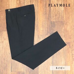 1円/PLAYMOLE/85cm/スラックス パンツ 清涼サマーウール 無地 ツータック 上品 クラシコ 美脚 新品/紺/ネイビー/id416/