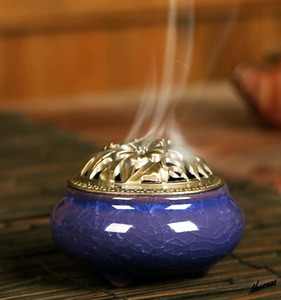 【コーンタイプ以外にも対応】 香炉 お香立て付き スティック型 渦巻き型 アンティーク インテリア リラックス 集中 ヨガ 瞑想 ブルー