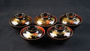 紅葉蒔絵 黒塗内朱金縁吸物椀 5客 茶道具 懐石料理道具 和食器 汁椀 大正 時代物 I107