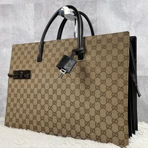 極美品 GUCCI グッチ トートバッグ ハンド ビジネス ロゴ型押し キャンバス レザー GG 総柄 メンズ ロゴプレート 通勤 通学 書類 茶 