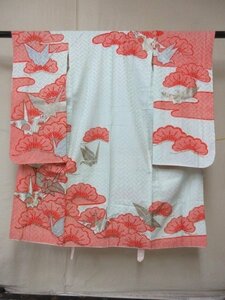 1円 中古 正絹 女児 子供着物 縮緬 七五三 和装 和服 アンティーク レトロ 折鶴 鹿の子 ヱ霞 高級 袷 身丈120cm 裄54cm【夢職】★★★