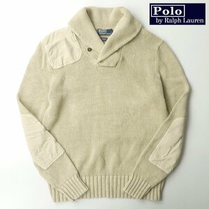 美品 POLO BY RALPH LAUNREN ラルフローレン 麻混 ガンパッチ ショールカラー ハンティング ニットセーター L【参考価格￥36,300-】