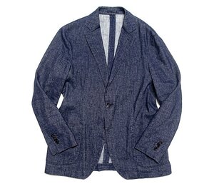 美品 LARDINI ラルディーニ EASY WASH コットン リネン デニム テーラードジャケット インディゴブルー メンズ 48