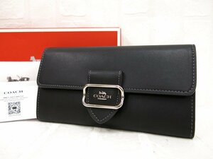 ◆未使用 保管品◆COACH コーチ◆カーフ レザー 本革◆三つ折り長財布◆ブラック シルバー金具◆ステッチ◆ロゴ金具◆ウォレット◆A8410