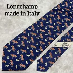 美品 Longchamp ロンシャン ネクタイ ネイビー 飛行機 蝶 総柄