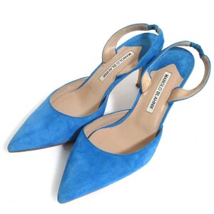 美品 MANOLO BLAHNIK マノロブラニク スエード レザー ハイヒール ポインテッドドゥ スリングバック ミュール パンプス 37.5 24.5cm ブルー