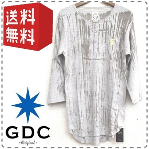 GDC ジーディーシー 日本製 ヘンリーネックダメージ加工 7分袖Tシャツ 男女兼用 メンズSサイズ グレー 送料無料 A284