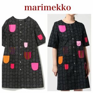 ★送料360円★美品 marimekko マリメッコ ワンピース 半袖 総柄 綿100% コットン レディース 黒 ブラック Nadja Kihlatasku R-5993