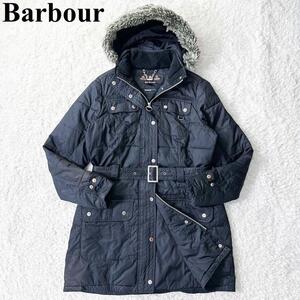 Barbour バブアー オイルドジャケット 中綿ジャケット ロングジャケット ロングコート 表記サイズUK16 (XL相当) 黒 ブラック フード ファー