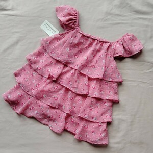 エニィファム_anyFAM_サイズ140_ キッズ_子供服_チュニック_段フリルカットソー_ピンク_シフォン_花柄_未使用タグ付