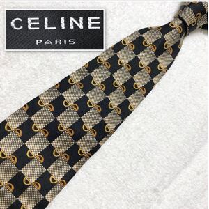 ■美品■CELINE セリーヌ　ネクタイ　市松模様　金具　シルク100% スペイン製　ブラック×ベージュ　ビジネス