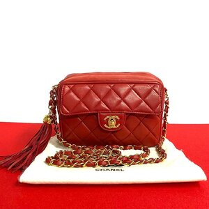 極 美品 袋付き シール有 1番台 CHANEL シャネル マトラッセ ココマーク ラムスキン レザー タッセル チェーン ショルダーバッグ 赤 39317