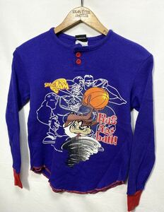 ■ 子供用 90s ビンテージ SPACE JAM スペースジャム タズマニアンデビル イラスト サーマル カットソー 長袖Tシャツ 10-12 青 バスケ ■