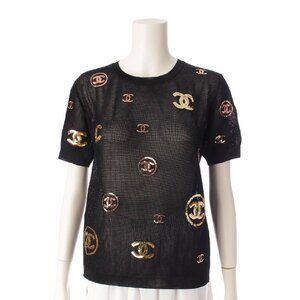 【シャネル】Chanel　19P ココマーク スパンコール メッシュ ニット Tシャツ トップス P60967 ブラック 38 【中古】【正規品保証】203596